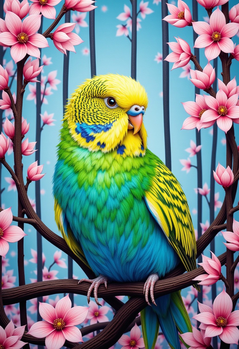 (Thick Impasto), Impressionism, vivid and colorful oil painting of a lovely green-blue budgie sitting in a large cage with Sakura Branches.