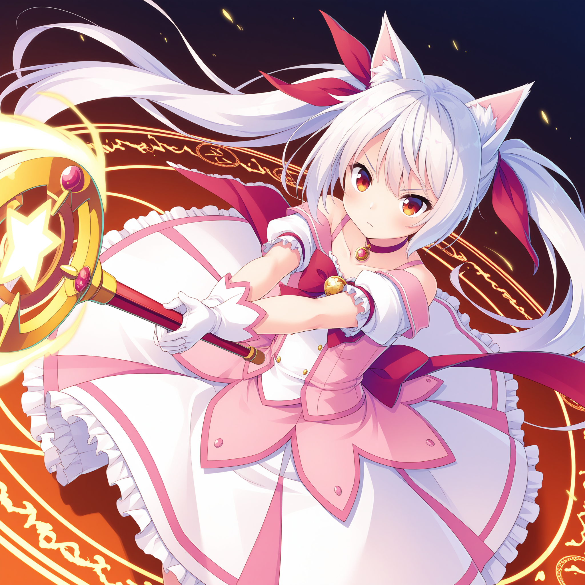 <lora:Tokugawa_Mitsukuni_1_nai-000041:1>,Tokugawa Mitsukuni,
twintails,magical girl,white gloves,hair ribbon,hair ornament,cat ears,collarbone,red ribbon,red bowtie,red choker,off-shoulder dress,pink dress,white skirt,white frills,circle skirt,frilled skirt,puffy short sleeves,
BREAK
1girl,solo,serious,holding weapon,mage staff,magic,energy,magic circle,incoming attack,attack,dutch angle,own hands clasped,
