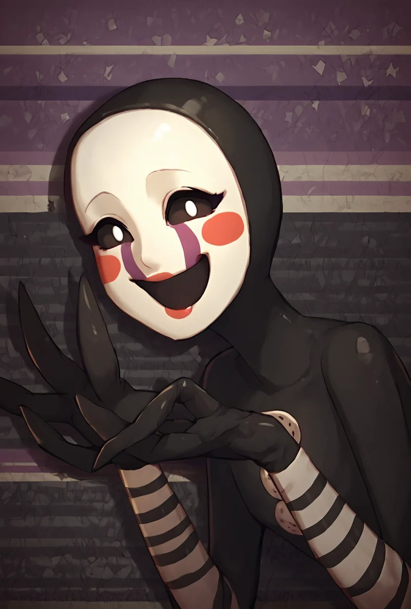 score_9, score_8_up, score_7_up, looking at viewer, smiling, <lora:puppet-10:1> puppet, solo, 1girl, mask, black bodysuit, smile, open mouth, blush stickers, striped, purple tear streaks, detailed background, <lora:Slashers_Abandoned_Subway_Station_Style_Background:1> SGMSubway