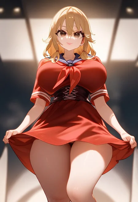 (masterpiece:1.2, best quality), (finely detailed eyes: 1.2) (ultra-detailed, hires), (detailed face, detailed eyes), (best illumination), detailed glow, high contrast, looking at viewer, ((solo)), smile, closed mouth, 1girl, huge breasts, wide hips, thick thighs, centurii-chan, blond hair, brown eyes, hair between eyes, medium hair, fluffy hair, bangs, armor, ((breastplate)), dress, neckerchief, red neckerchief, red dress, short dress, short sleeves, pink lips, skindentation, full body, no background, empty background, (masterpiece, best quality, very aesthetic, absurdres), (ultra detailed perfect piece:1.2), illustration, masterpiece, (extremely detailed CG 8k), (very fine 8K CG), <lora:add-detail-xl:-1>