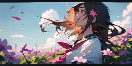 (masterpiece, best quality),1girl, solo, flower, long hair, outdoors, letterboxed, school uniform, day, sky, looking up, short sleeves, parted lips, shirt, cloud, black hair, sunlight, white shirt, serafuku, upper body, from side, pink flower, blurry, brown hair, blue sky, depth of field