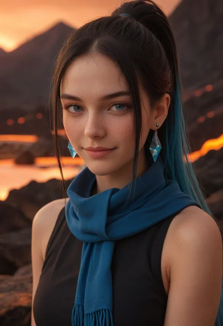 score_9, score_8_up, score_7_up, score_6_up,
1girl, 25 years old, perfect face, (adult), sexy, looking at viewer,
blue eyes,
very long hair, black hair, colored inner hair, blue hair, high ponytail,
small blue earings, crystal earrings,
black sleeveless shirt, blue scarf,
blurry background, depth of field, volcano, lava, eruption, orange background,
blush, shy smile,
portrait, face focus, detailed face,