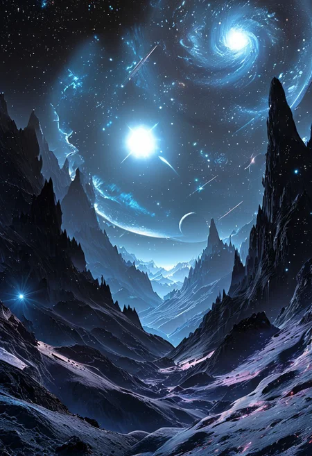 A captivating night scene illustration featuring a bright and inviting futuristic space base on a great great mountain. The great technologically advanced base and mountain are much like Neuschwanstein Castle in Bavaria. Spaceships fly overhead. This enchanting artwork captures a dark but comforting night, where 2 brilliant moons hang above and over the great valley and advanced space fortress which stands resolute amidst the great mountains, creating a cinematic experience., space_backround, illustration, cinematic
<lora:DonM3t3rn1tyXL-v1.1:0.7>, DonM3t3rn1tyXL,
OverallDetailXL <lora:MJ52:0.3> <lora:SDXLFaeTastic2400:0.4> <lora:EpicF4nta5yXL:0.7>