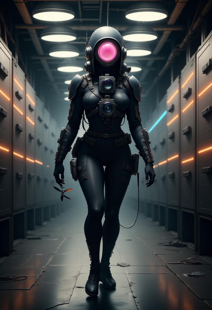 YFG-SpyWorld50s The image shows a futuristic scene of a person in a futuristic environment. The person is wearing a black suit with a futuristic design, consisting of a helmet with a pink visor, a backpack, and a camera attached to it. They are also holding two small propellers attached to their back, which are attached to the person's body. The background is dark and futuristic, with multiple circular lights hanging from the ceiling. The floor is made of concrete, and there are multiple rows of futuristic panels on either side of the person. The panels have orange and blue lines on them, creating a futuristic and futuristic atmosphere. The overall mood of the image is mysterious and futuristic.