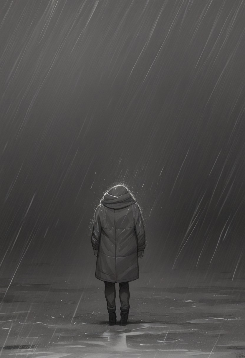 STPStyl3P0ny,score_8, score_8_up, score_7_up,greyscale,1girl,jacket,in rain, moody
