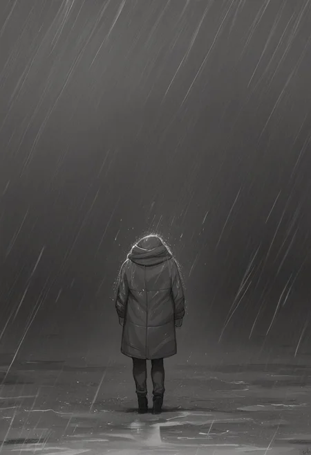 STPStyl3P0ny,score_8, score_8_up, score_7_up,greyscale,1girl,jacket,in rain, moody