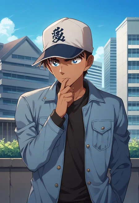 score_9, score_8_up, score_7_up, source_anime, highly detailed,
heijihattori, solo, 1boy, hat, male focus, hand under own chin, thinking, dark skin, blue eyes, jacket, dark-skinned male, pants, black shirt, upper body, brown hair, standing, shirt, baseball cap
outdoor, sky, buildings
