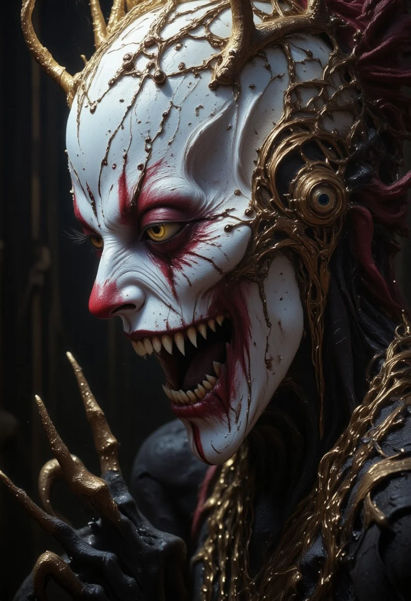the Mokosh is an ancient drow and mythical female creature. She has long, sharp fangs for teeth and many spikes protruding from its head as it stares at the viewer with old soulless eyes, Her skin is white, engraved stone where every grove tells a story. She wears makeup like a clown. It is snarling menacingly at the viewer, demanding respect and loyalty. Extreme closeup head portrait, hyperdetailed, 8k resolution concept art, WLOP, Moebius, H.R. Giger, Royo, muddy, dark colors, minimal lighting, hyperrealism, digital illustration, intricate,( vapor:0.9), dorian cleavenger, brom, hyperrealism, digital illustration, horror, dark environment, (&:0)t (photography, high-resolution, dynamic, energetic,hyper-realistic, dramatic lighting, shallow depth of field.)