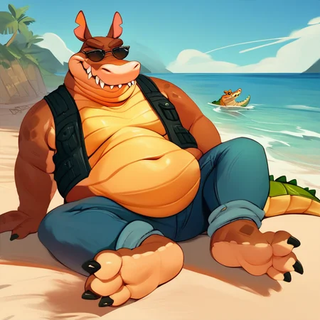 score_9, score_8_up, score_7_up, score_6_up, score_5_up, score_4_up, dingodile, dingo, crocodile tail, monster, mutant, scaly, furry, vest, jeans, fat, chubby, orange eyes, outside, beach background, beach scenery, water, relaxing, laying down, looking at viewer, sunglasses, barefoot,
