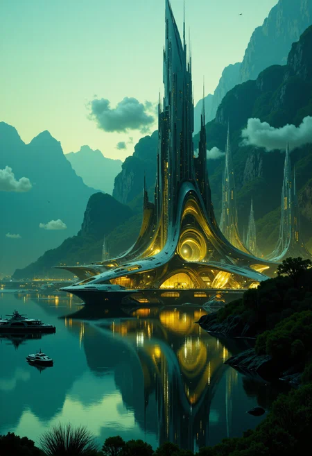 highest details, ultra hyper realism. highly detailed and realistic. intricate and highly professional artwork, an absolute masterpiece.
This is a high-quality digital artwork depicting a futuristic, symmetrical architectural structure resembling a very advanced, modern building of an alien civilisation, set against a serene, mountainous backdrop at dusk. The structure features three prominent, pointed, metallic spires that converge at the top and has a sophisicated, elegant curved and triangular design. The structure is illuminated by warm, ambient lighting. The central spire is the tallest, with a large circular window at its base, casting a soft glow. Surrounding the main structure are smaller, connected buildings with sleek, curved lines and numerous windows, creating a sense of harmony and balance. The background and foreground shows a calm, reflective body of water with a few boats moored nearby with a futuristic streamlined design, and misty mountains fading into the distance. The lighting is soft and warm, emphasizing the futuristic aesthetic of the buildings. The image has a very high aesthetic quality, with meticulous attention to detail and a balanced composition. The depth of field is deep, keeping both the foreground and background in sharp focus.
<lora:artilands_v02_epoch_6:1>