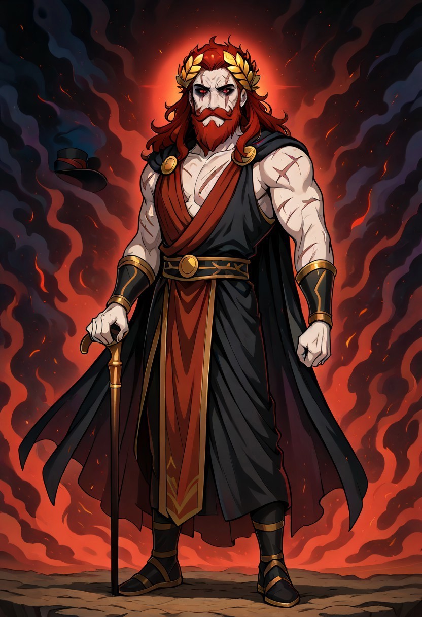 masterpiece, best quality, newest, absurdres, highres, ACGPTMV1, 1boy, red hair, beard, facial hair, mustache, scar, scars on face, goth fashion, red eyes, laurel crown, ancient greek clothes , sleeveless, robe, pale skin, pale, solo, solo focus, male focus, toned, makeup, eye shadow, full body, 
cane, top hat, 
