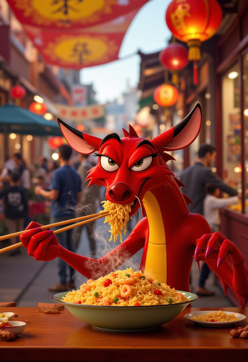 A realistic depiction of Mushu from Mulan, sitting at a wooden table in a lively and colorful Chinese street market, eating a bowl of shrimp fried rice with a pair of chopsticks held expertly in his clawed hands. His red and gold scales glisten in the soft glow of nearby lanterns, and his expression is comically focused as he lifts a perfectly balanced bite of rice and shrimp to his mouth. Steam rises from the bowl, adding a warm, inviting feel to the scene. The background is bustling with market stalls and vibrant decorations, with other patrons and vendors enjoying the lively atmosphere. Mushu's playful energy shines through in the fun and lighthearted setting
