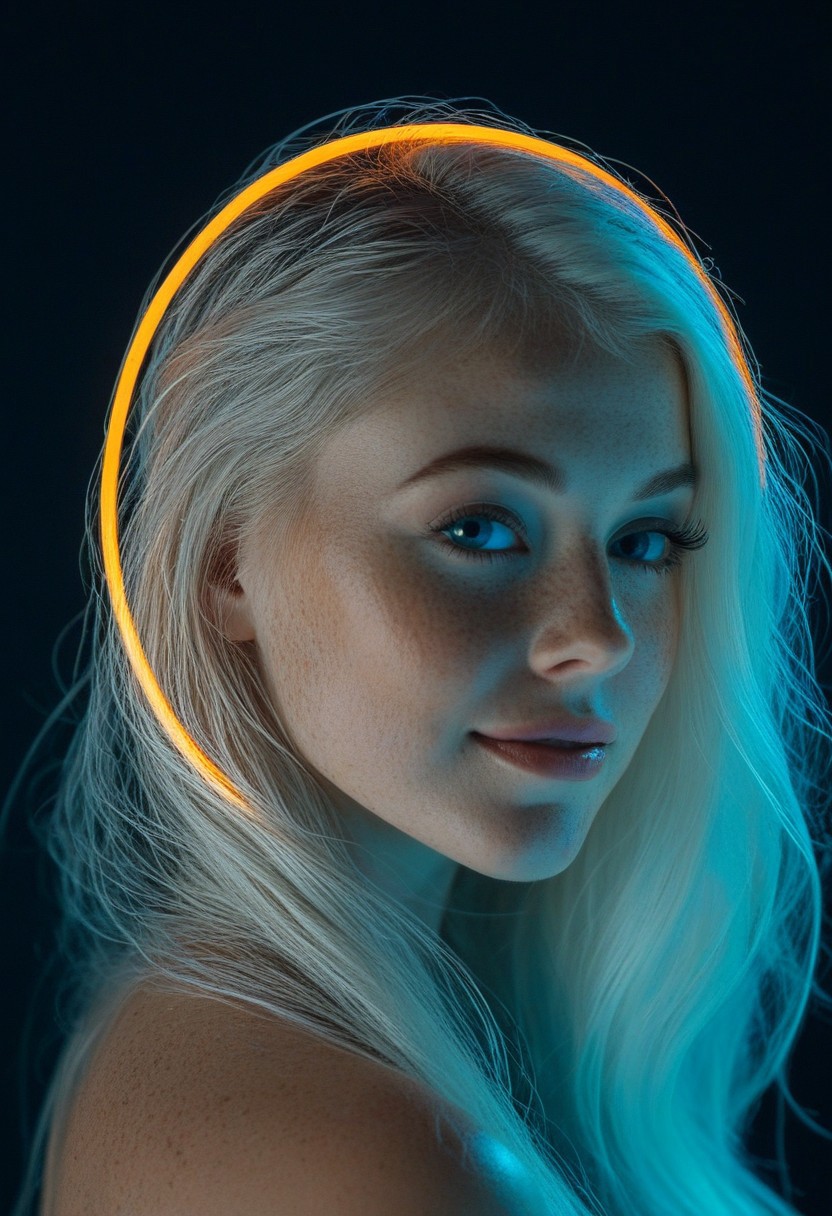 This is a artistic photograph created by artist Sarah Berneche, depicting a surreal, high-tech, and ethereal portrait. The image features a woman with pale skin and striking, freckled cheeks. Her long, platinum blonde hair flows behind her, rendered with intricate, almost glowing strands. Her face is turned to the side, revealing a serene, contemplative expression with a subtle, knowing smile. Her eyes are a striking blue, highlighted with a touch of light, giving them a luminescent quality. The woman's skin glistens with a subtle sheen, adding to the otherworldly atmosphere.
The background is a deep, dark blue, almost black, with a gradient that transitions into a deep blue, creating a dramatic contrast with the woman. A glowing, neon orange circle encircles her head, providing a stark, futuristic touch. The circle is partially transparent, with the woman’s hair blending into it, blurring the boundaries between her and the circle.
There's an ethereal, almost ghostly quality to her face and the surrounding light, enhanced by the gradient and the glowing circle. Her lips are painted a deep, mysterious red, adding a touch of warmth amidst the cool tones.