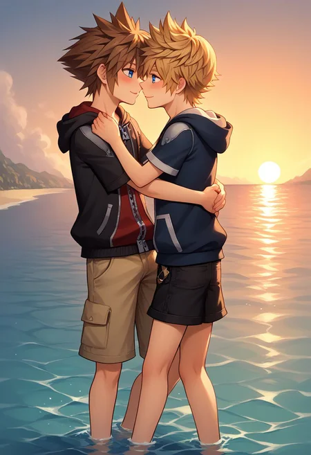 score_9, score_8_up, source_anime, highly detailed, 2boys,
sora, spiked hair, male focus, 1boy, brown hair, blue eyes, zipper, hoodie, short pants, BREAK
roxas, 1boy, zipper, male focus, spiked hair, blue eyes, blonde hair, short pants, short sleeves, zipper pull tab,
indoor, outdoor, beach, bare foot, hug, smile, foot in water, stand, imminent kiss, blush, sunset,