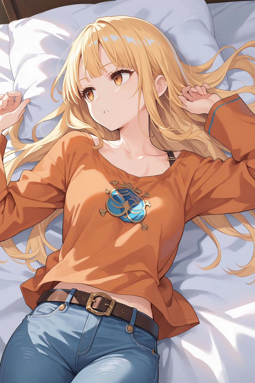 score_max, (score_9, score_8_up, score_7_up:1.2), score_6_up, official art, source_anime,
masterpiece, absurdres, high detail,
bed, bed sheet, from above, sunbeam,
lying, arms at side, looking to the side, expressionless, parted lips,
kokoa, long hair, orange shirt, collarbone, long sleeves, belt, denim,
<lora:XL_Pony_MGCM-kokoa-t2:1>