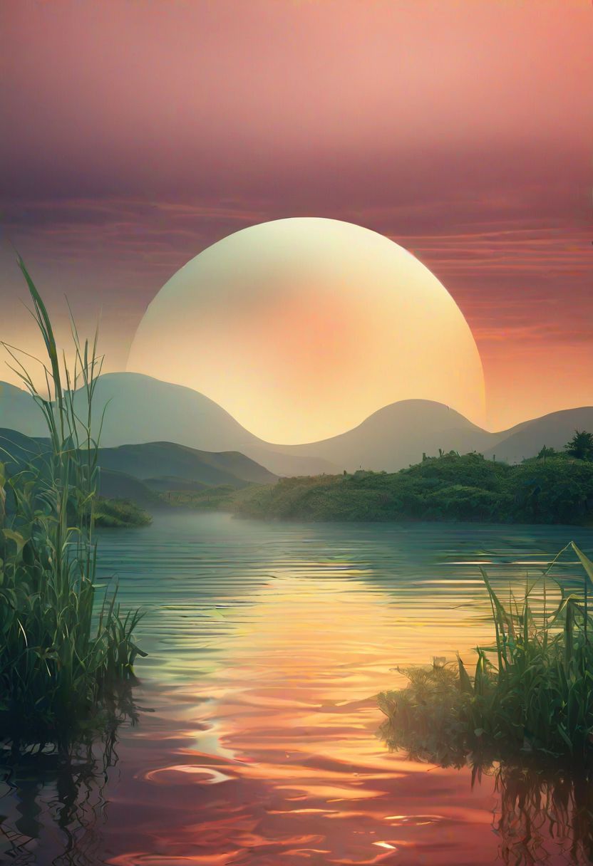 futuristic and dreamy landscape scene with water and vegetation at sunset