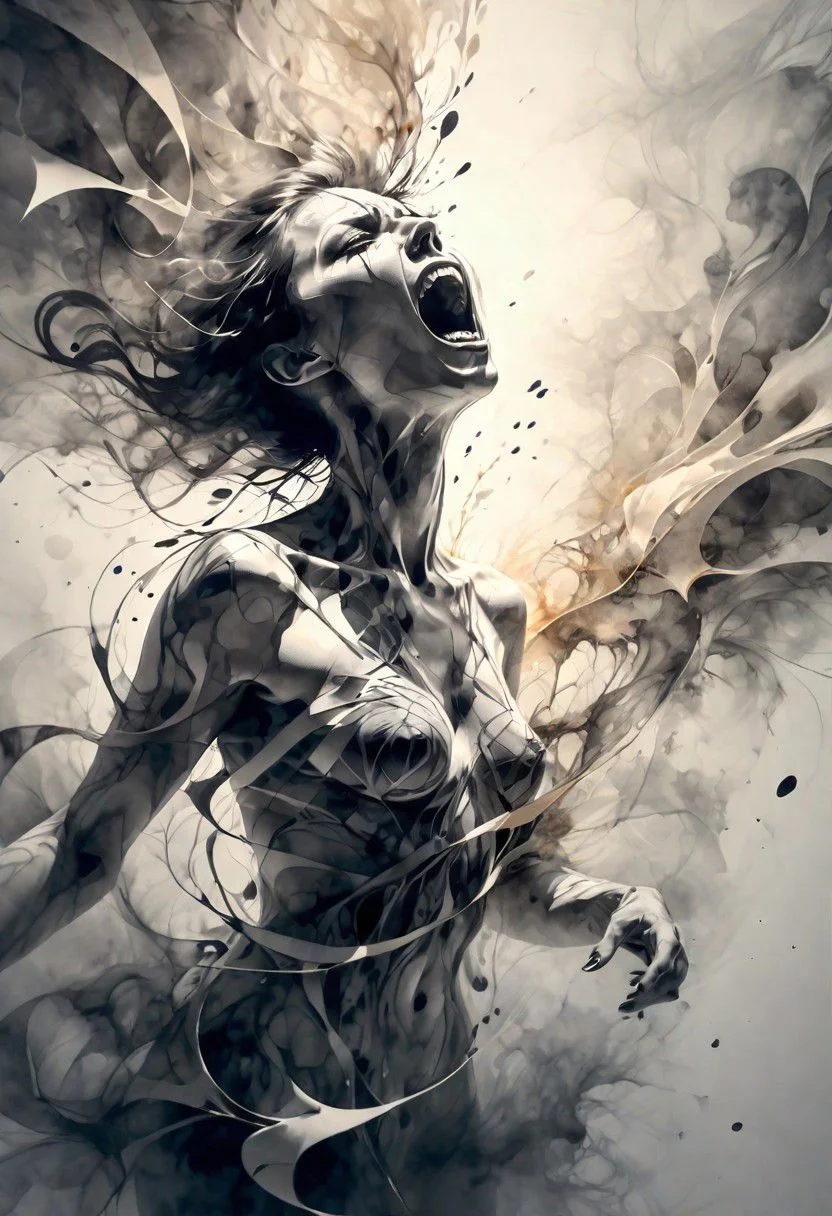 ink illustration, ink stains, ink splatters, ink runs, ink spots, faded ink, physically emotive woman screaming in anguish, (on a reflective surface:1.4), sunrise, detailed, amazing natural lighting, monochromatic colors, enveloped in ribbons of mist, asymmetrical fractal pattern, mentixis, linquivera
