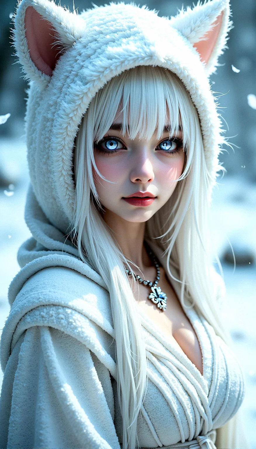 A stunning doll like upper body shot of a white haired woman,doll like gothic fashion , large breast, slim waist, with subtle glowing white eyes with slit pupils, moist pink lips, fangs, wearing a fluffy white wolf hood, fluffy outfit, wearing beautiful necklace, soft lighting, realistic and delicate facial features, fallen snowpetal, photorealistic rendering. Natural light interplay on skin,Photorealistic shadow softness, Lifelike hair gloss , Photorealistic color grading, Slight side profile with eyes looking directly at the camera, lips pursed.
A faint spotlight that subtly draws focus to the character, adding intensity to the portrait.Targeted lighting that emphasizes the intricate textures of the robes and the character’s face. Detailed, realistic reflections in the eyes, showing the surrounding light sources and adding life to the gaze.Realistic, moving shadows that change subtly with the light source, adding a sense of depth and realism.Waterfalls caught mid-flow, frozen solid in time, with icicles hanging down.A raging blizzard, with snow swirling violently in the wind, reducing visibility.Large boulders and rocks dusted with snow, breaking up the endless white landscape.