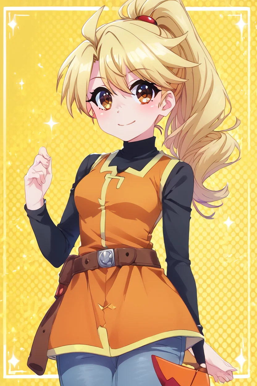 score_9, score_8_up, score_8, medium breasts, (curvy), cute, eyelashes, BREAK, , zzYellow, brown eyes, blonde hair, long hair, ponytail, bangs, orange tunic, brown belt, pants, <lora:Yellow_Pokemon_PDXL_v2:0.8>, , BREAK, smile, looking at viewer, cowboy shot, embedding:zPDXL, Expressiveh, <lora:PrismaIllya_PDXL_v3:1.0>, <lora:SDXLFaeTastic2400:0.5>, <lora:Expressive_H-000001:0.4>,