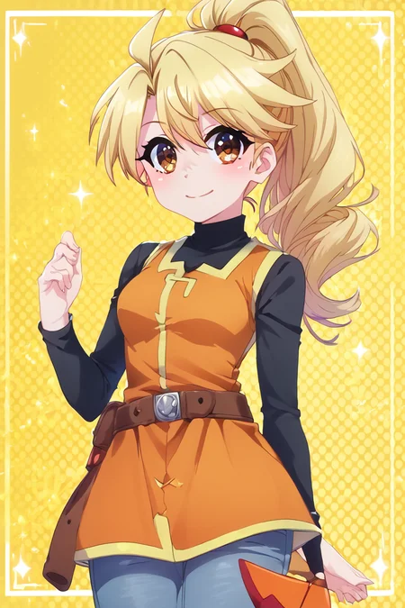 score_9, score_8_up, score_8, medium breasts, (curvy), cute, eyelashes, BREAK, , zzYellow, brown eyes, blonde hair, long hair, ponytail, bangs, orange tunic, brown belt, pants, <lora:Yellow_Pokemon_PDXL_v2:0.8>, , BREAK, smile, looking at viewer, cowboy shot, embedding:zPDXL, Expressiveh, <lora:PrismaIllya_PDXL_v3:1.0>, <lora:SDXLFaeTastic2400:0.5>, <lora:Expressive_H-000001:0.4>,
