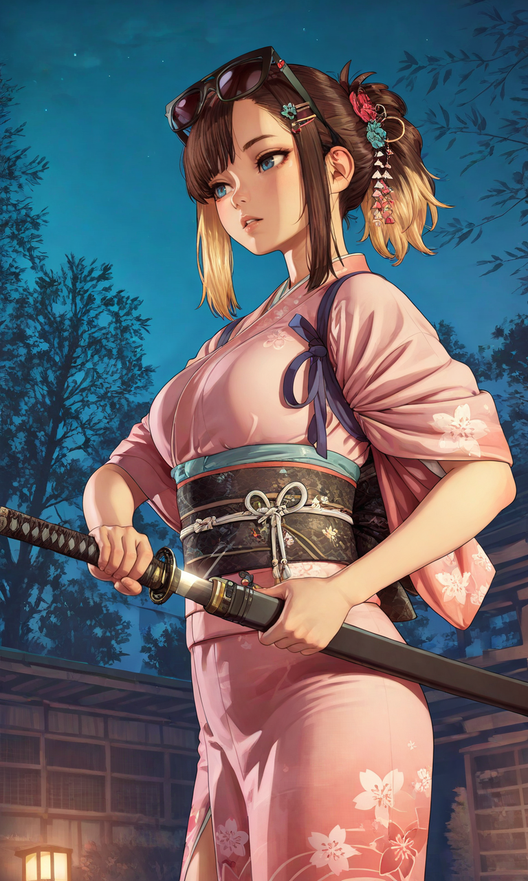 embedding:IllusP0s, GTAV5LS-ILV1.0, 1girl, solo, night, outdoors, brown hair, blonde highlights, asymmetrical bangs, sidelocks, hairpin, hair ornament, blue eyes, parted lips, pink kimono, tasuki, obi, eyewear on head, shutter shades, low angle, contrast lighting, unsheathing, holding sheath, katana, weapon focus, drawing sword, (side view:0.5),<lora:GTAV5-Loading-IL-000012.safetensors:1.0:1.0>