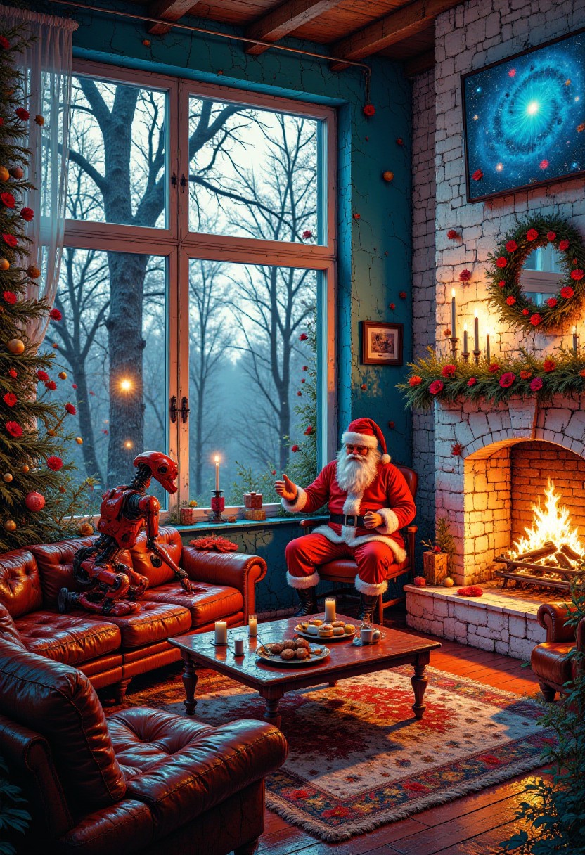 A futuristic Christmas living room where the walls are holographic screens displaying endless starry skies, a robotic Santa Claus assembling toys with precision, and an AI-driven fireplace emitting a surreal, shimmering aurora-like light instead of flames