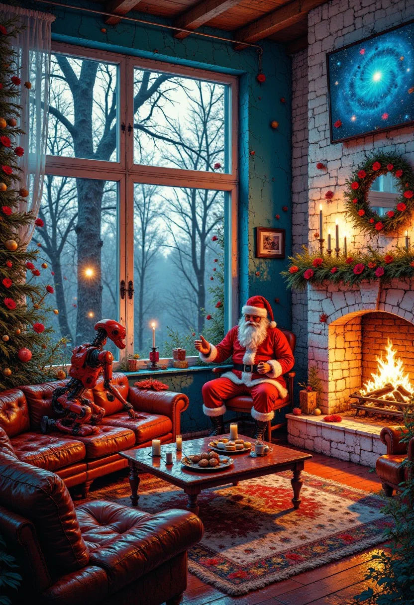 A futuristic Christmas living room where the walls are holographic screens displaying endless starry skies, a robotic Santa Claus assembling toys with precision, and an AI-driven fireplace emitting a surreal, shimmering aurora-like light instead of flames