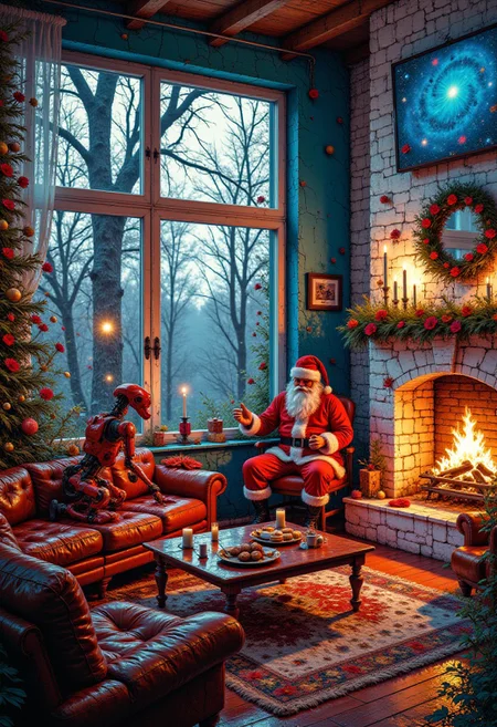 A futuristic Christmas living room where the walls are holographic screens displaying endless starry skies, a robotic Santa Claus assembling toys with precision, and an AI-driven fireplace emitting a surreal, shimmering aurora-like light instead of flames