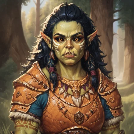 (((beautiful, high quality))), upper Body, score_9, score_8_up, score_7_up, valeria, Orc, fangs, pointed ears, black sclera, 1girl, green skin, amber eyes, amber eyes, fur trim, fur armor, looking at the viewer, dynamic pose, blurred background, in the style of jeff-easley, oil painting, realistic, black hair, short sleeves, serious look, tribal tattoos, (orange armor:1.2), muscular, defined fangs,