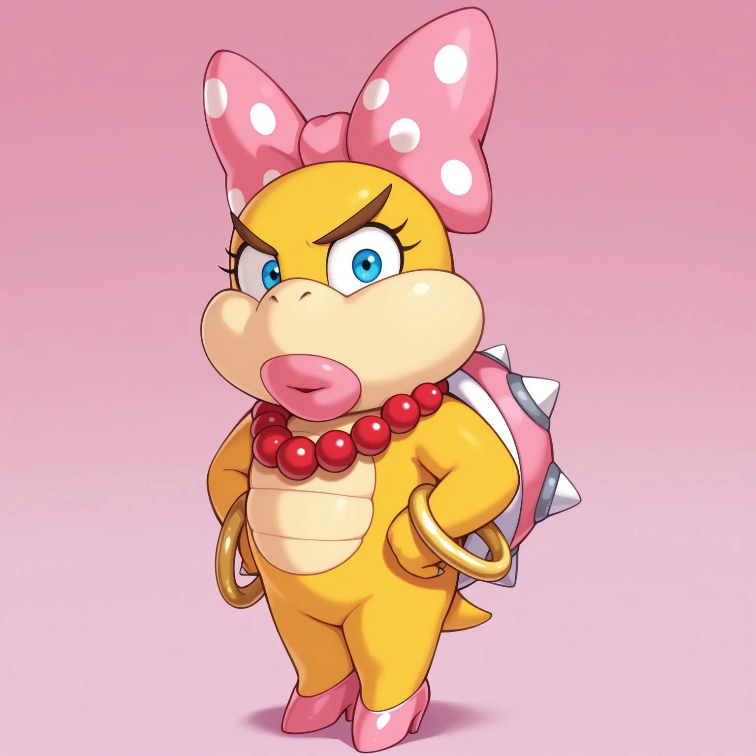 Wendy, solo, 1girl, female, pink and white polka dot bow, bow on head, bald, thin brown eyebrows, black eyelashes, blue eyes, shelled, pink spiked shell, short tail, golden rings on wrists, scalie, yellow skin, jewelry, red pearl necklace, claws, short tail, pink high-heels,
BREAK standing, hands on hips, looking at viewer