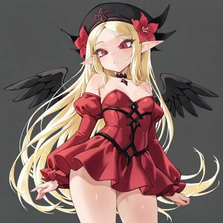 lazypos, girl focus, 1girl, solo, red eyes, long hair, bare shoulders, looking at viewer, grey background, blonde hair, thighs, simple background, cowboy shot, pointy ears, hat, standing, dress, off shoulder, very long hair, long sleeves, red dress, wings, strapless, black headwear, choker, miniskirt, short dress, red flower, breasts, puffy sleeves, juliet sleeves, flower, JTVeemo, ZhaoStyle
