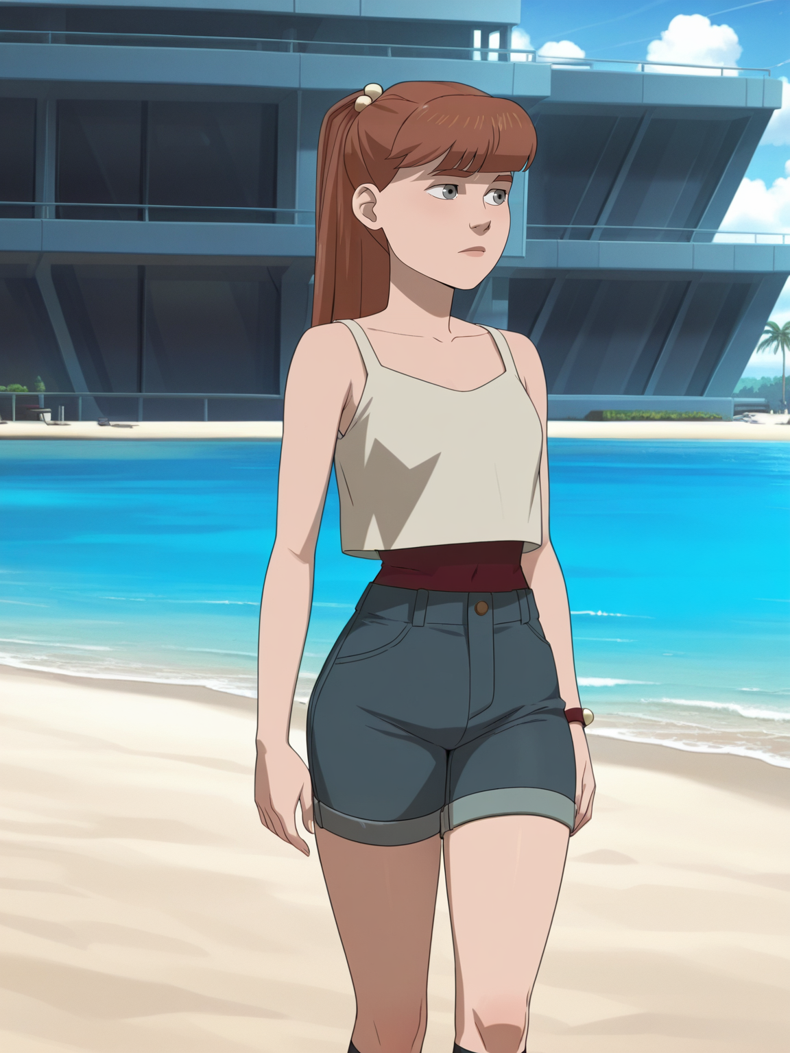<lora:monster_girlIL:0.9> m_g, 1girl, brown ponytail hair, bangs, hairpin, small body, skinny body, grey eyes,
wide hips, denim shorts, knee socks, crop top, bare shoulders, cute face, beach background