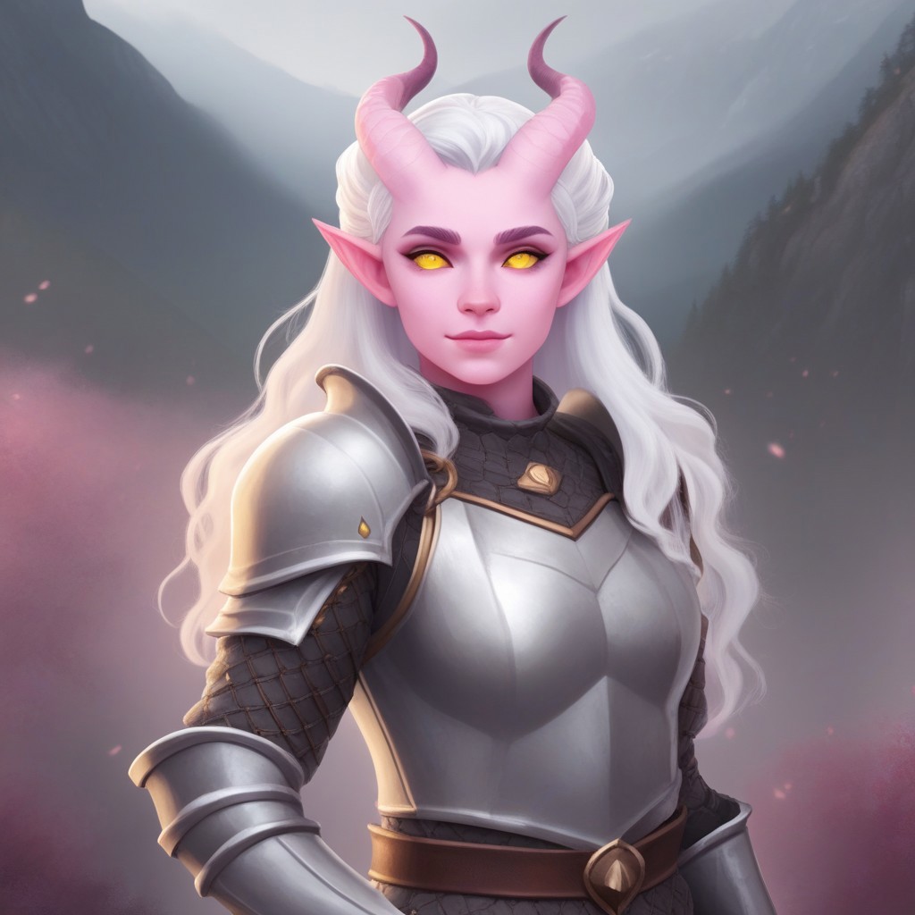 masterpiece, best quality, upper body, solo, 
tiefling, pointed ears, horns, tail,
1 girl, pink skin, yellow eyes, white hair, gathered hair, grey armor,
looking at the viewer, posing, 
fantasy background, blurred background,