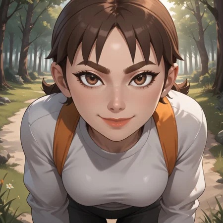 score_9, score_8, BREAK, solo, wii, mii, wii sports, 1girl, female mii, brown hair, brown eyebrows, brown eyes, lips, black clothing, black pants, sneakers, Susana_(Wii_Sports), nintendo mii, modern_mii, classic_mii, breasts, cute, sexy pose, smile, outdoors, sunlight, shadows, evening lighting, natural lighting, forest, trees, grass, orange sky, sunset