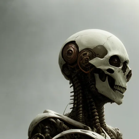skull, skeleton, mech, cybertech, 4k, highest quality,grunge aesthetics, grunge textures, washed out colors, art by RFKTR_bontrex