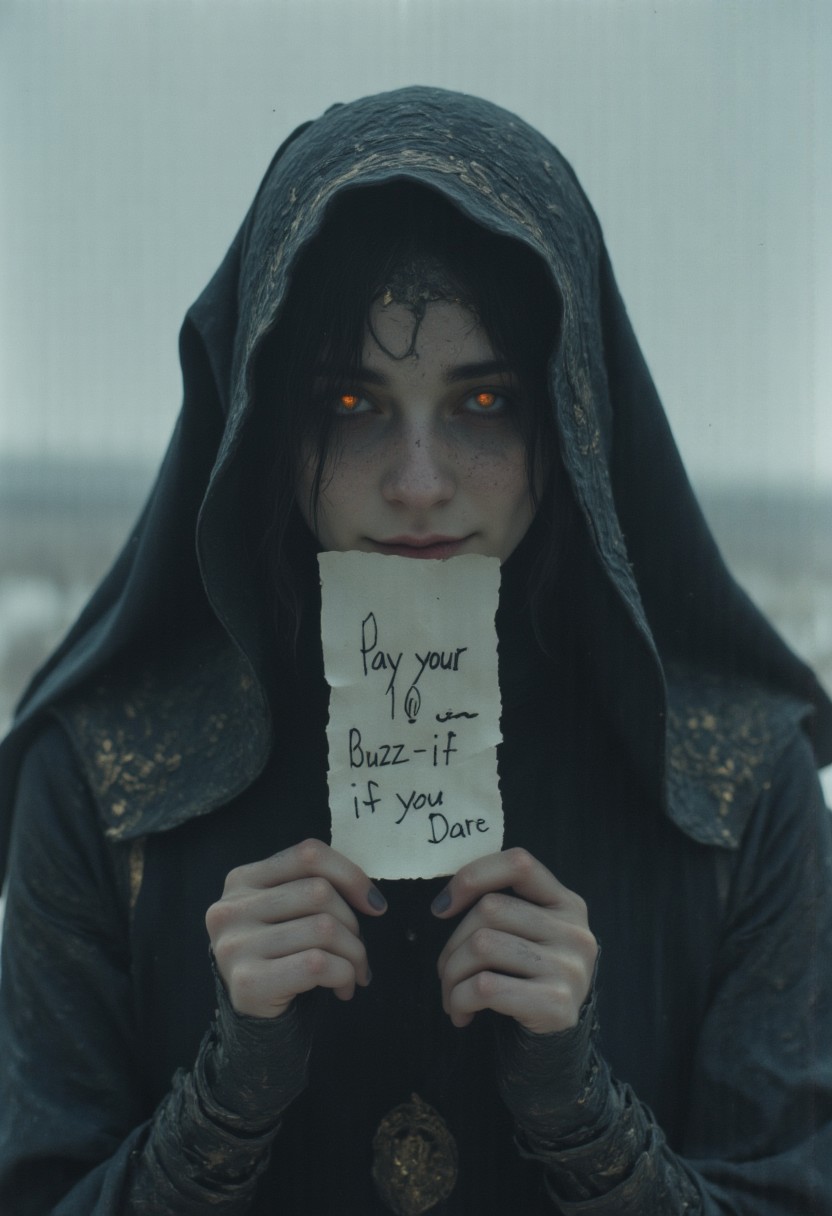 The dark nun, Extreme Upper Body Closeup Portrait, enveloped in a flowing, tattered habit that casts foreboding shadows over her pale, gaunt face. Her eyes, sunken and burning with an eerie light, peer out from beneath a frayed hood. With a twisted smile, she holds a crumpled promissory note to her face, the chilling message scrawled in bold black: "Pay your 10 buzz—if you dare." The backdrop is a desolate, snow-covered landscape, shrouded in thick fog and shadows, hinting at her sinister connection to ice and despair. Dark, glowing outlines define her skeletal form, draped in a worn habit that exudes an unsettling aura. The intricate patterns on her habit seem to writhe as if alive, a testament to the malevolence she commands.