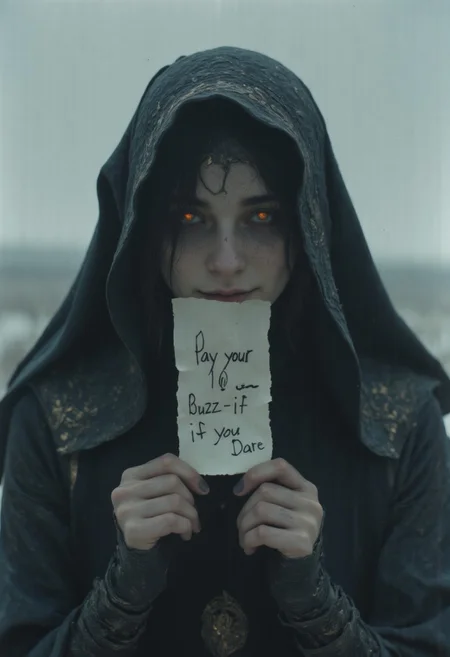 The dark nun, Extreme Upper Body Closeup Portrait, enveloped in a flowing, tattered habit that casts foreboding shadows over her pale, gaunt face. Her eyes, sunken and burning with an eerie light, peer out from beneath a frayed hood. With a twisted smile, she holds a crumpled promissory note to her face, the chilling message scrawled in bold black: "Pay your 10 buzz—if you dare." The backdrop is a desolate, snow-covered landscape, shrouded in thick fog and shadows, hinting at her sinister connection to ice and despair. Dark, glowing outlines define her skeletal form, draped in a worn habit that exudes an unsettling aura. The intricate patterns on her habit seem to writhe as if alive, a testament to the malevolence she commands.