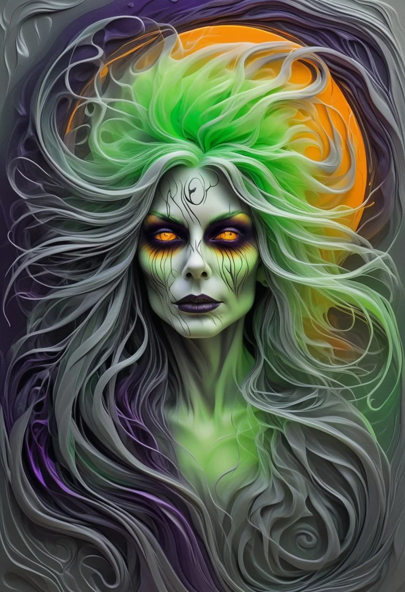 Mystical Nature Print of a Ghostly Witch, Abstract Satin Sheen, Gradients of Deep Purple, Smoky Gray, and Electric Green, Eyes Glowing in Neon Orange, Wispy Hair in Flowing Patterns, Glossy Finish, Phantom-Like Halloween Essence