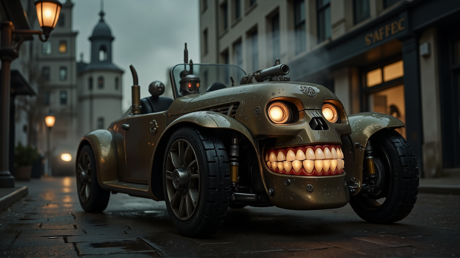 Victorian-era steampunk car fused with skeletal horror, brass-plated mechanical skull with intricate engravings. Hollow eye sockets glow with eerie gas-lamp headlights, jagged metal teeth (ral-rbotth) form a sinister grille. Ornate ribbed plating, exposed brass gears, spiked clockwork wheels. Exhaust pipes resemble a spine, releasing bursts of steam. Set in a fog-drenched, gas-lit city, cobblestone streets glisten with rain, gothic towers loom in the distance. Flickering lanterns cast long shadows, gears whir as the ghostly machine prowls the midnight streets, exhaling mist like a haunted specter.
 <lora:ral-hkcpcncpt:0.7> <lora:ral-rbotth-flux:1>