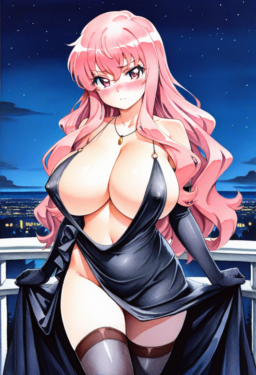masterpiece, best quality,
 <lora:FiRez:1> F1R3z, watercolor \(medium\),  1girl, solo, standing, looking at viewer, blush, louise francoise le blanc de la valliere, pink hair, huge breasts, cocktail dress, revealing clothes, cleavage, collarbone, necklace, elbow gloves, thighhighs, covered nipples, outdoors, night,