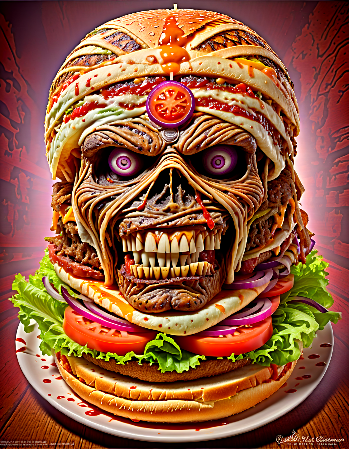 tasty juicy cheseburger in (eddie:1.4) style, salad, beef, tomato slices, onion, looking like a (mummy:1.3),at a restaurant,hyper detailed, highly intricate,dripping sauce, xxl,,