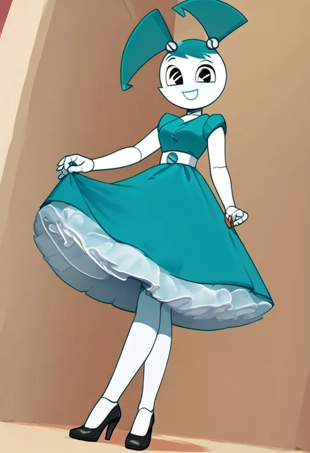 (Masterpiece, best quality:1.2), score_9, score_8_up, flat color, flat shading, soft shading, lighting, Jenny Wakeman as an adult, in a 1950's full length formal blue skirt, a white belt, button down v-neck formal black top, a fluffy frilly ruffled full white petticoat, and black high heels, dress, layered petticoat, frilly petticoat, fluffy petticoat, full petticoat, detailed petticoat ((wide skirt, detailed outfit, flowing skirt, long skirt, solid blue colored skirt, black high heels)), blue hair, series accurate, cute, best high quality, high res, robot, humanoid robot, medium breasts, whole body shot, 1girl, ((solo, outdoors, looking at you, low angle)), cute, seductive, seductive smile, half lidded eyes, low angle shot, cartoon, cartoon style, vector, solo, circle dress, 1950s, whisperfoot_style, dance dress jenny, jenny wakeman, 1girl, solo, robot joints, black eyes, white skin, ponytail, hair bow, blue rose chest corsage, poofy dress, blue hair, flat lighting
