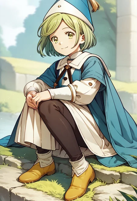 score_9, score_8_up, score_7_up BREAK CocoAtelier, 1girl, light green bob cut, light green eyes, tasseled blue white hat, blue white cape, long-sleeved white shirt, dark leggings, yellow shoes, smiling at viewer, solo, solo focus, anime, source_anime, full body,