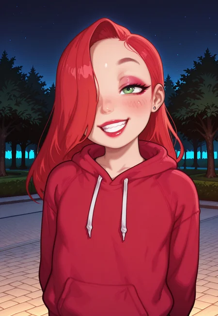 4k, fine detail, high quality eyes, masterpiece, best quality, amazing quality, geh1, 4s0r4, eigaka, possmach, artist:moriimee, 1 girl, solo girl, young, jessicarab, red hair, long hair, hair over one eye, green eyes, makeup, lipstick, red hoodie, hood, upper body, grin, blush, arms behind back, park, night,
