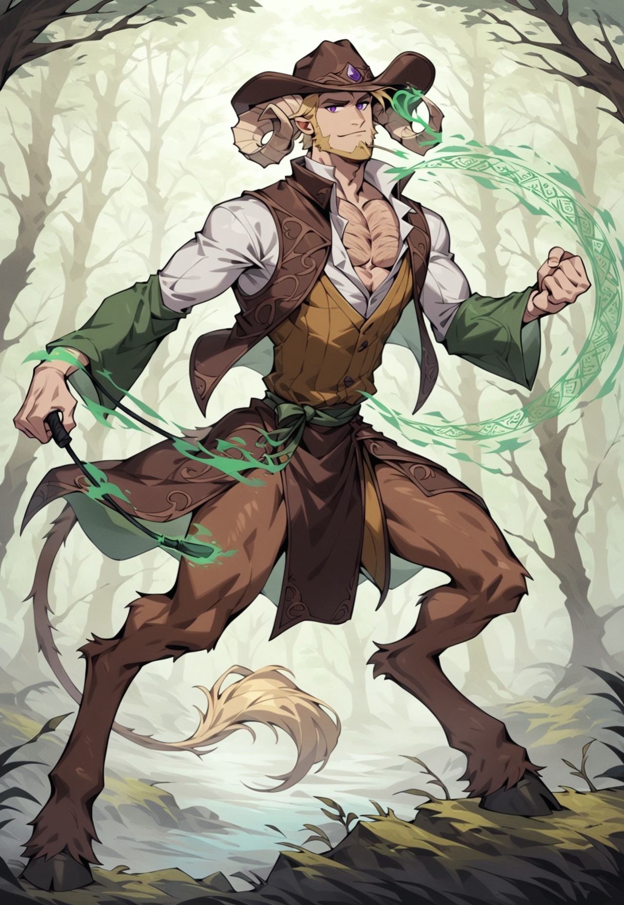 safe_pos, score_9_up, score_8_up, score_7_up, 1man, solo, extremely handsome, satyr, faun, (((long curved ivory ram horns, ram horns))), 30yo, male focus, manly, dark royal purple eyes, <lora:PerfectEyesXL:1.0> perfecteyes, slight smirk, mouth closed, ((short straw blonde hair, short blonde chinstrap beard,)), light caucasian skin, very masculine human face with deep lines and creases, long animal nose, strong jawline with high strong cheekbones, chiseled chin, thin lean frame, slim lean body, light hairy arms, thick ram legs, hooves, ((1 lion tail with yellow tuft at end)), long goat ears, fur on legs, tan brown fur, (((country style clothing, high collar, wearing long dark green and dark brown robes with long wide sleeves, billowing dark green and dark brown robes, flowing dark green and dark brown robes, vested shirt under robes))), ((((dark green long wide oversized wizard sleeves)))), (((((wild west outlaws style, brown leather, wearing long dark brown vest,))))), ((((wearing dark brown large wide-brimmed cowboy hat,)))), cowboy, long flowing forest green loincloth of leaves, full body, tree roots, cinematic lighting, sunlit hazy woods of giant tree trunks with sunbeams, foggy sunlit forest of giant trees, ((action shot, right hand gripping long single strand thick green cord whip whipping across ground, whipping ground, dragging across ground)), ((left hand casting spell, rune magic, green magic spell)), charging, leaning forward, chest cleavage, short untucked shirt