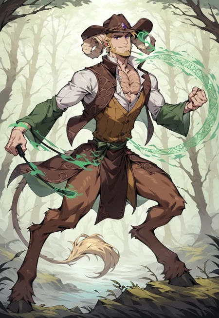 safe_pos, score_9_up, score_8_up, score_7_up, 1man, solo, extremely handsome, satyr, faun, (((long curved ivory ram horns, ram horns))), 30yo, male focus, manly, dark royal purple eyes, <lora:PerfectEyesXL:1.0> perfecteyes, slight smirk, mouth closed, ((short straw blonde hair, short blonde chinstrap beard,)), light caucasian skin, very masculine human face with deep lines and creases, long animal nose, strong jawline with high strong cheekbones, chiseled chin, thin lean frame, slim lean body, light hairy arms, thick ram legs, hooves, ((1 lion tail with yellow tuft at end)), long goat ears, fur on legs, tan brown fur, (((country style clothing, high collar, wearing long dark green and dark brown robes with long wide sleeves, billowing dark green and dark brown robes, flowing dark green and dark brown robes, vested shirt under robes))), ((((dark green long wide oversized wizard sleeves)))), (((((wild west outlaws style, brown leather, wearing long dark brown vest,))))), ((((wearing dark brown large wide-brimmed cowboy hat,)))), cowboy, long flowing forest green loincloth of leaves, full body, tree roots, cinematic lighting, sunlit hazy woods of giant tree trunks with sunbeams, foggy sunlit forest of giant trees, ((action shot, right hand gripping long single strand thick green cord whip whipping across ground, whipping ground, dragging across ground)), ((left hand casting spell, rune magic, green magic spell)), charging, leaning forward, chest cleavage, short untucked shirt