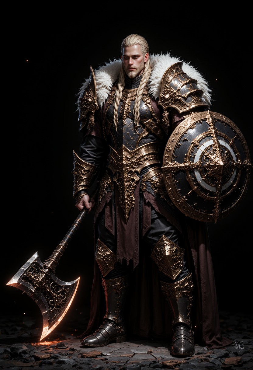 An1meL1nes, Image is a digital artwork featuring a powerful warrior in a full-body portrait against a dark background. he has long blonde hair styled in braids and wears a detailed, rugged armor set with fur and leather elements. fair skin, has a determined expression. The armor includes a metal breastplate, shoulder guards, and a fur-lined skirt, holds a large round shield with a gold and black design featuring a white emblem, and a massive bearded axe in the other hand, boots are sturdy and adorned with metal accents. The overall style is reminiscent of a fantasy or medieval theme, with a focus on strength and resilience. light particles, extremely sharp focus, unique artistic composition, (maximum ultra high definition image quality and rendering:3), maximum image detail, maximum realistic render, (((ultra realist style))), realist side lighting, , 8K high definition, realist soft lighting, (amazing special effect:3.5)