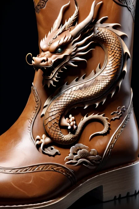 <lora:Dragon_Engraving:0.8> dragon engraving on a boot, 8k resolution,