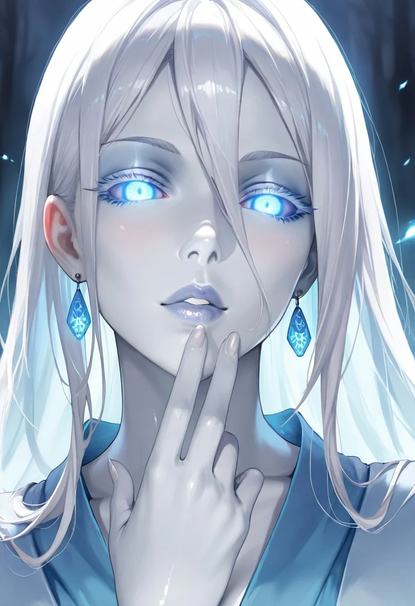 1girl, Yuki-Onna, adult woman, earrings, masterpiece, blue dress, hand up, long hair, white hair, long hair, colored skin, (white skin:1.3) luscious lips, lip gloss, pale lips, portrait, colored eyelashes, backlighting, blue eyes, glowing eyes, goddess, glossy skin,