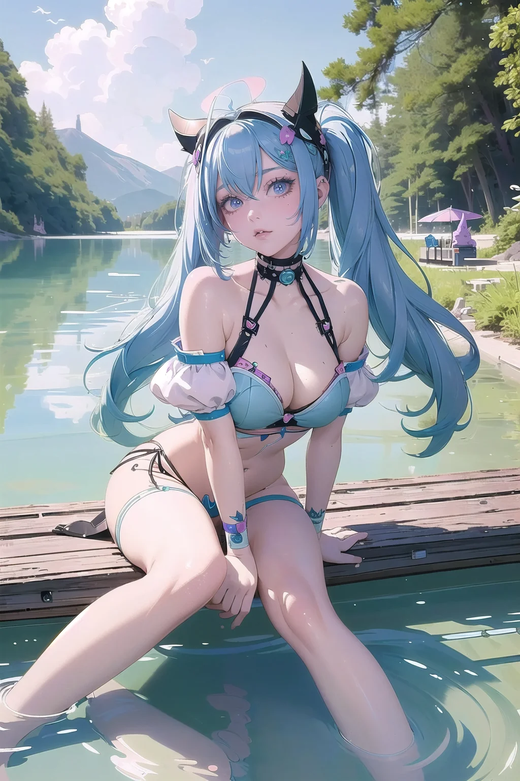 pastel goth, (masterpiece, best_quality, ultra-detailed, immaculate:1.3), epic, illustration, sci-fi paladin , armor, red hair, Tousled Hair,antenna hair, knees apart feet together, in a hot spring, in a boat on a lake, bombshell hair, slate blue hair, Topsy Tail, dojikko pose <lyco:EnvyPastelGoth01:1.1>